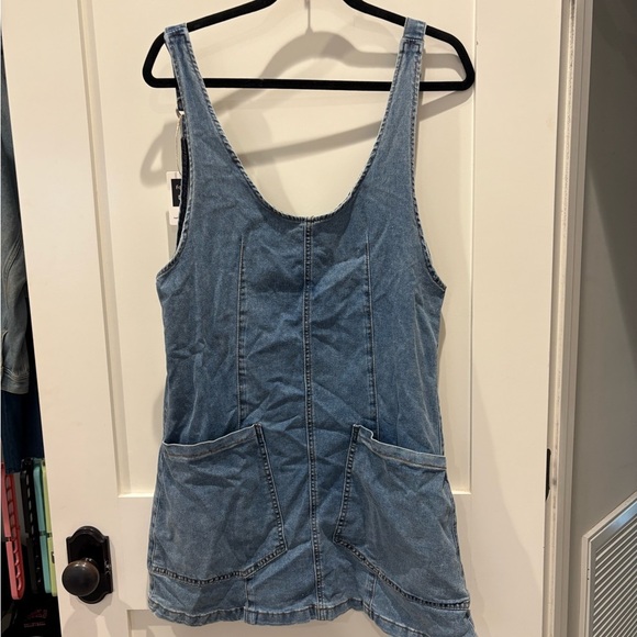 None Dresses & Skirts - Denim Pinafore Dress with Front Pockets - Light Blue